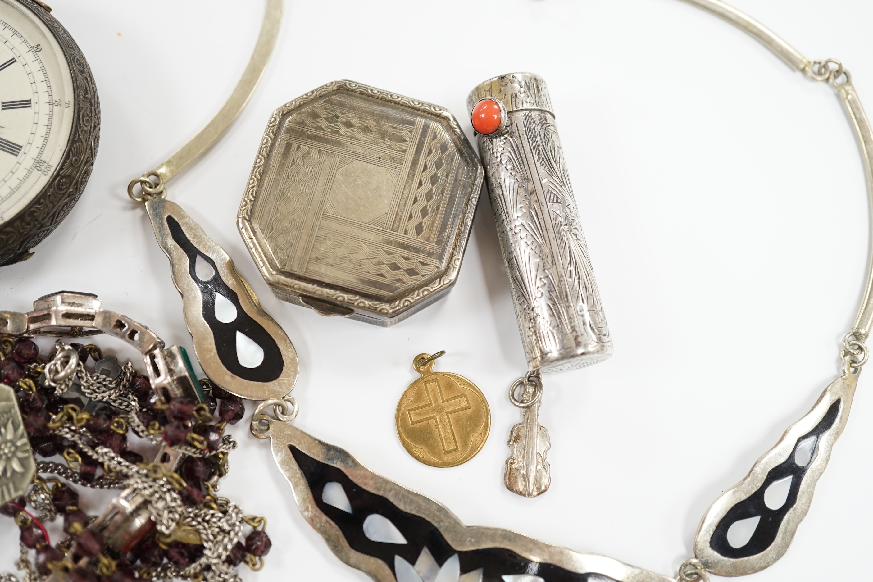 A quantity of white metal and other jewellery, including necklaces, together with an 800 standard open face pocket watch.